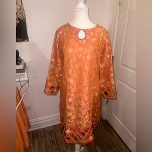 Cross stitch peach kurti Pakistani designer